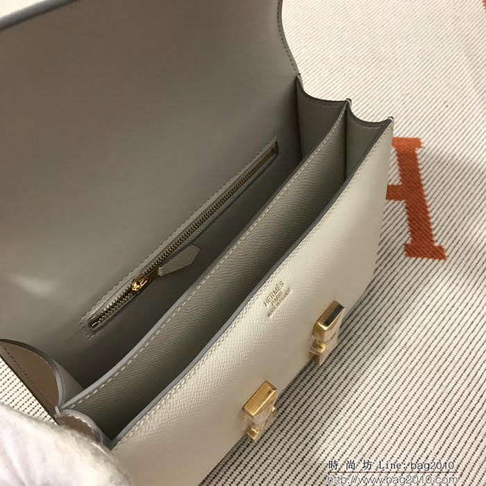 HERMES愛馬仕 H空姐包 進口原廠EP皮 頂級蜜蠟製作 街拍必備單品 奶昔白金銀 單肩斜挎包  Ama1574